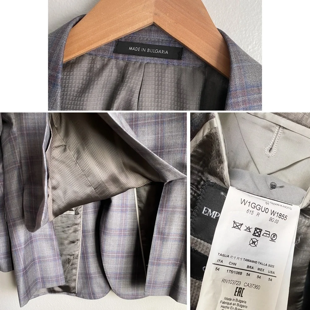 Emporio Armani GLine Virgin Wool Gray Plum Check Pane Plaid Sport Coat Blazer 54